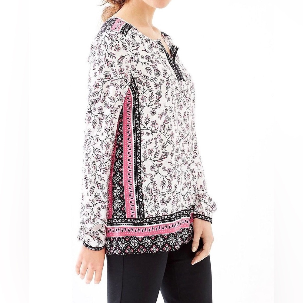 J Jill Border Print Floral Women’s Long Sleeve Peasant Blouse Size Large